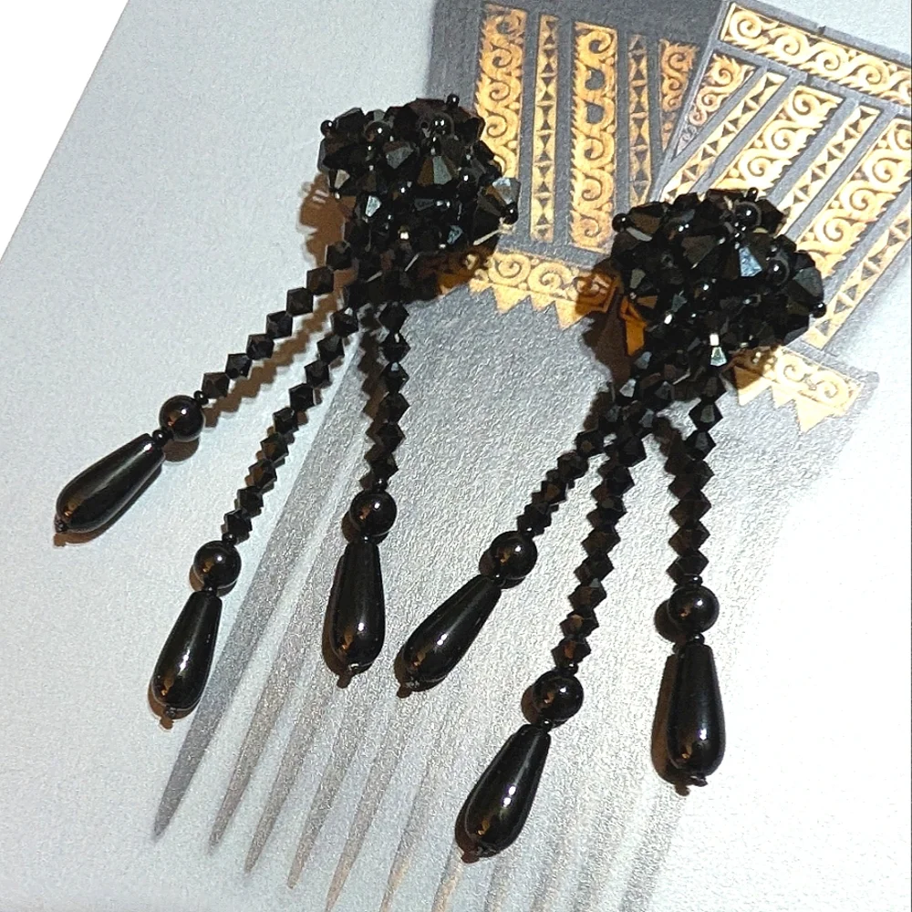 VTG French Jet Shoulder Brusher Earrings 3.5" !!! - Picture 2 of 7